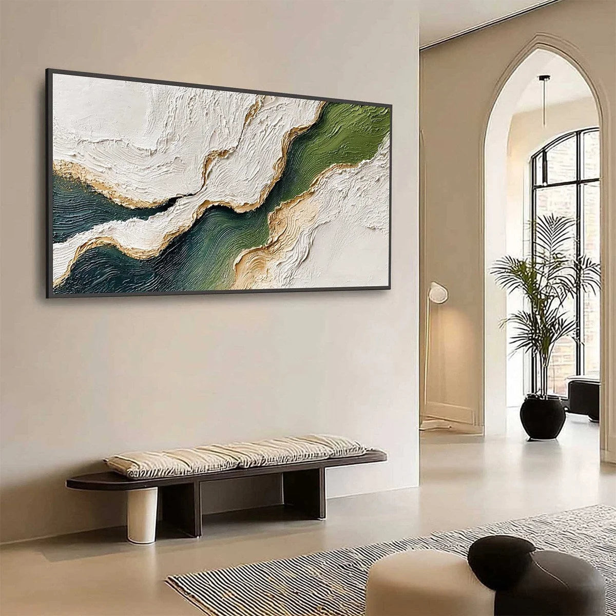 EMERALD SHORELINE: Textured Wabi Sabi Abstract Coastal Landscape Painting | Abstract mood, soft natural light studio shot
