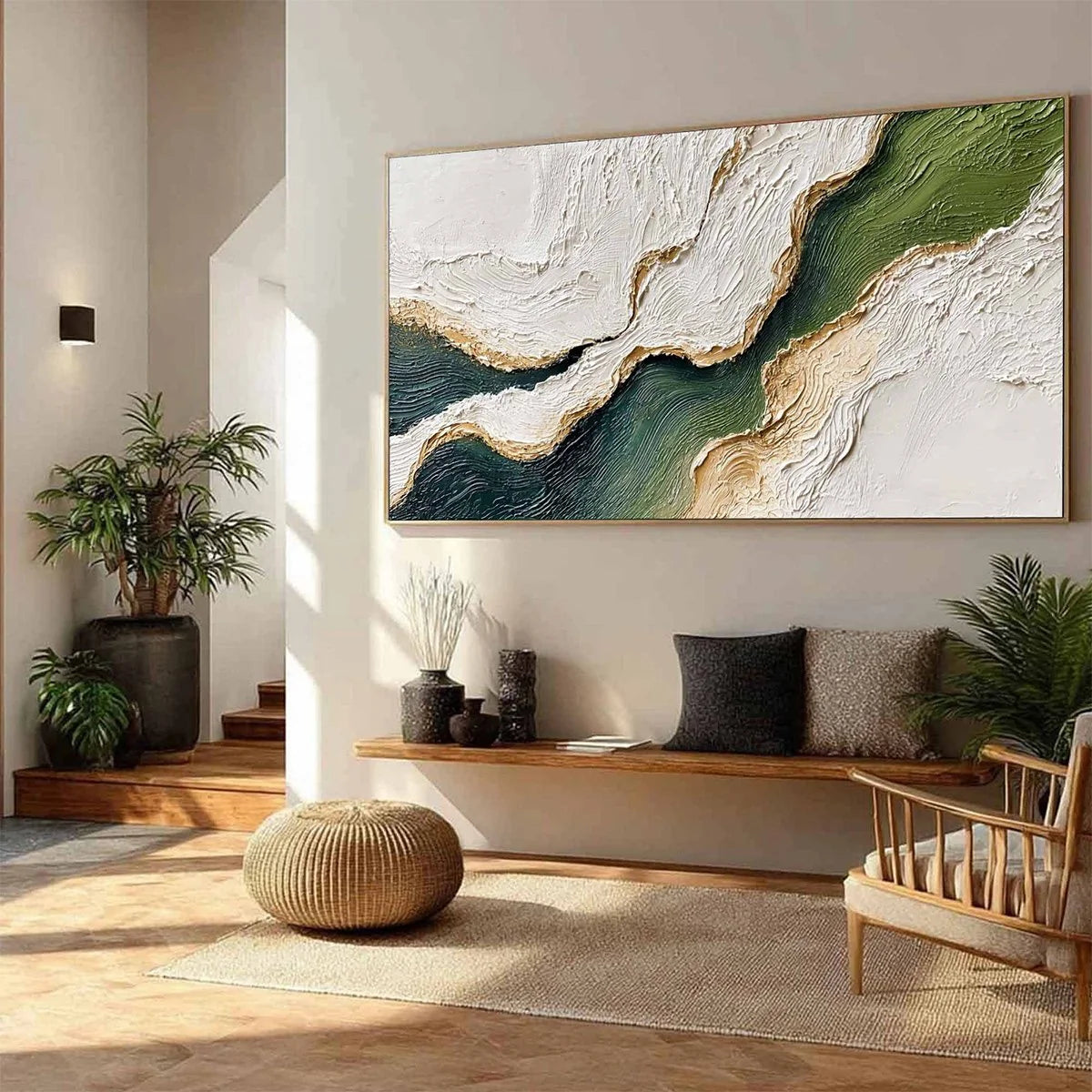EMERALD SHORELINE: Textured Wabi Sabi Abstract Coastal Landscape Painting | green palette, original Hand-painted on premium stretched canvas using artist-grade oils; rich layered surface combines s...