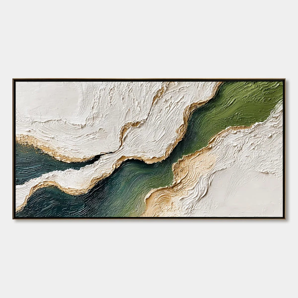 EMERALD SHORELINE: Textured Wabi Sabi Abstract Coastal Landscape Painting | hanging in EMERALD SHORELINE: Textured Wabi Sabi Abstract Coastal Landscape Painting featuring layered textured brushwork...