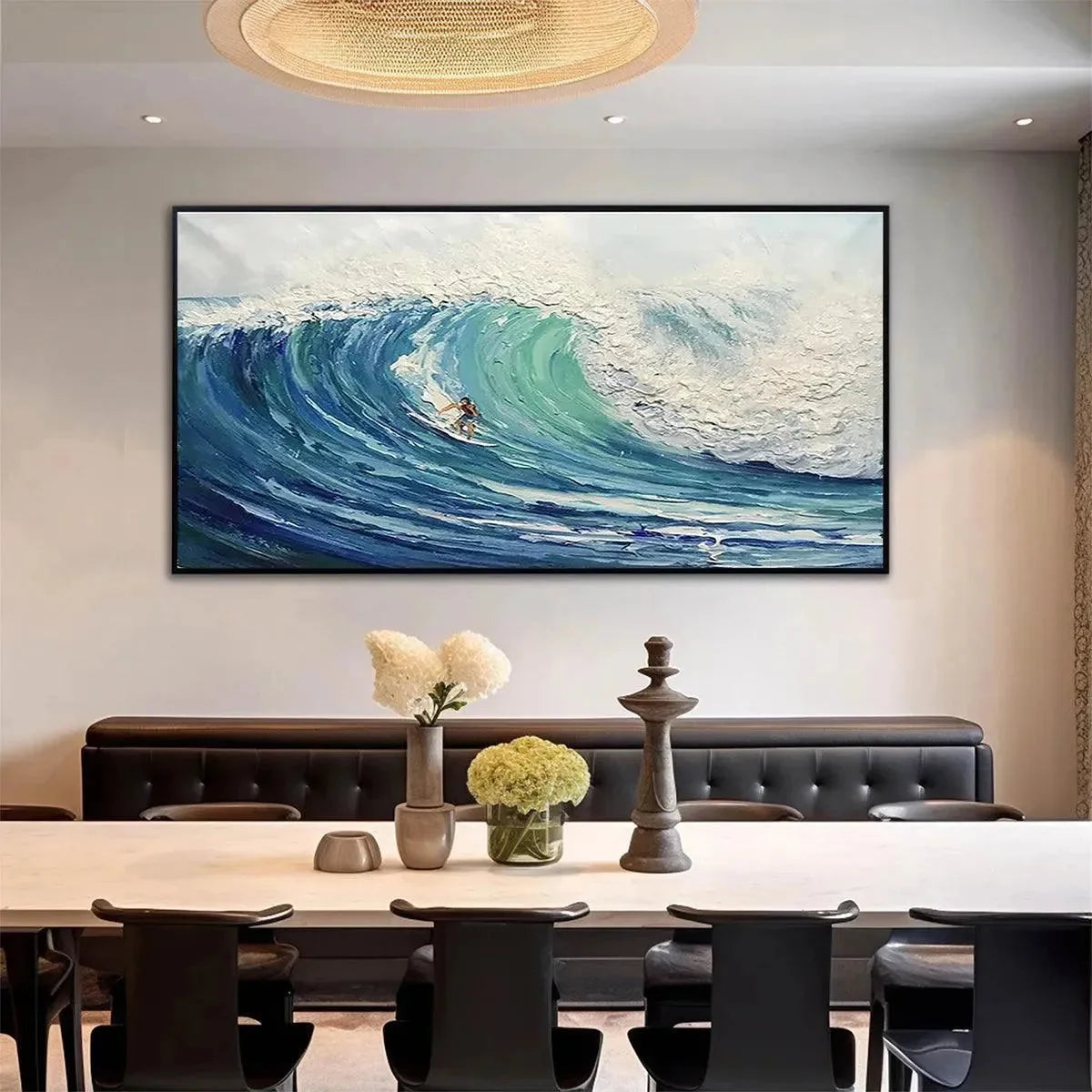 EMERALD SURGE: Textured Blue Ocean Wave Painting with Surfer | Abstract closeup, raised brushwork detail