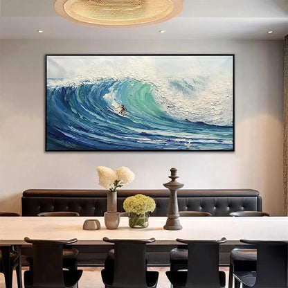 EMERALD SURGE: Textured Blue Ocean Wave Painting with Surfer | Abstract closeup, raised brushwork detail