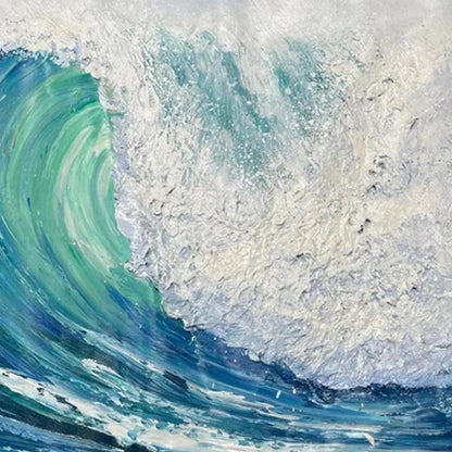 EMERALD SURGE: Textured Blue Ocean Wave Painting with Surfer | rectangular format, hand-painted canvas edge
