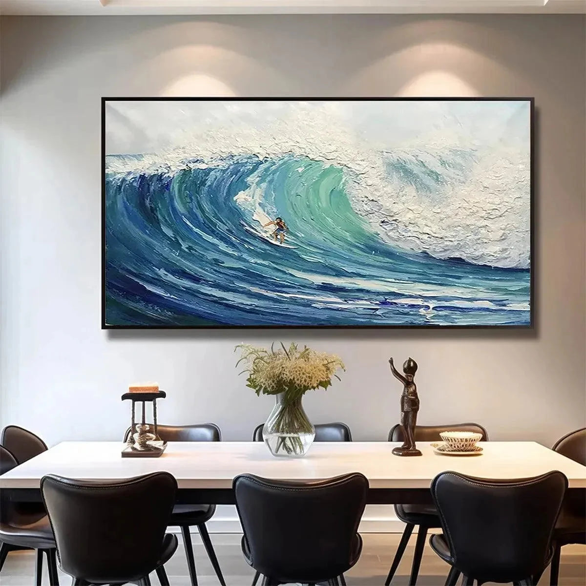 EMERALD SURGE: Textured Blue Ocean Wave Painting with Surfer | gold frame stretched on neutral wall