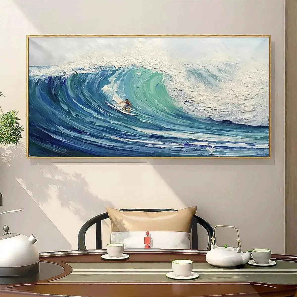 EMERALD SURGE: Textured Blue Ocean Wave Painting with Surfer | rolled canvas, ready for custom framing