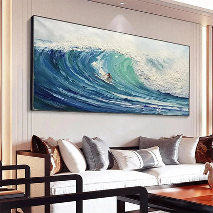 EMERALD SURGE: Textured Blue Ocean Wave Painting with Surfer | black frame version on white wall