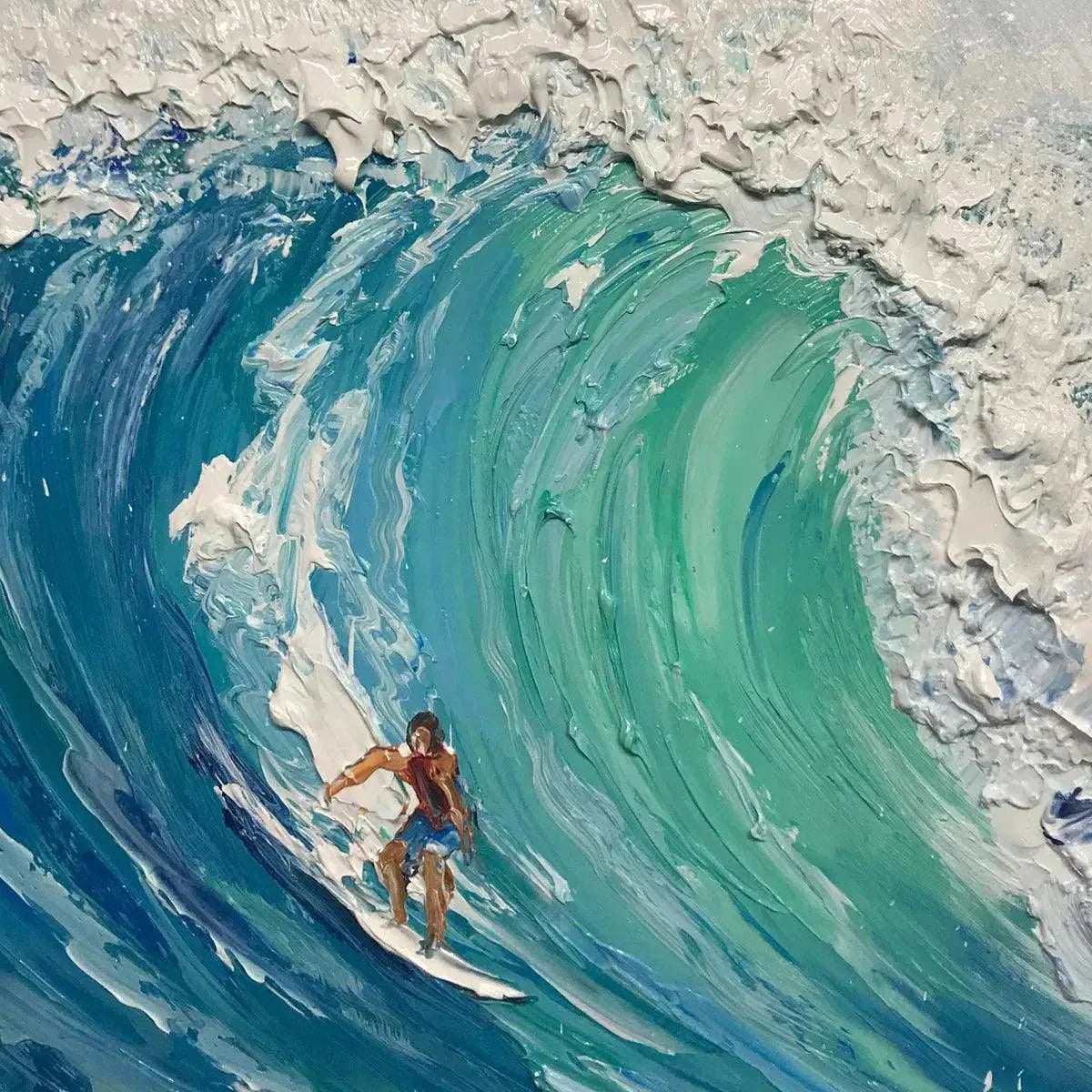 EMERALD SURGE: Textured Blue Ocean Wave Painting with Surfer | Abstract mood, soft natural light studio shot