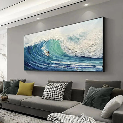 EMERALD SURGE: Textured Blue Ocean Wave Painting with Surfer | green palette, original Hand-painted on premium stretched canvas using artist-grade oils; rich layered surface combines smooth gradien...