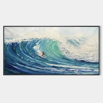 EMERALD SURGE: Textured Blue Ocean Wave Painting with Surfer | hanging in EMERALD SURGE: Textured Blue Ocean Wave Painting with Surfer featuring layered textured brushwork in refined tones; abstrac...