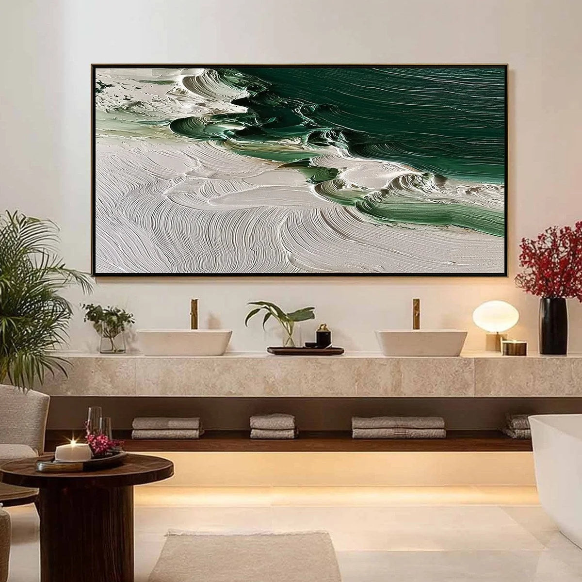 EMERALD TIDE: Textured Green and White Wabi Sabi Abstract Painting | Abstract closeup, raised brushwork detail