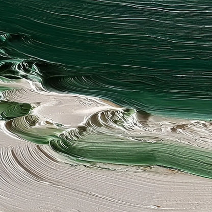 EMERALD TIDE: Textured Green and White Wabi Sabi Abstract Painting | rectangular format, hand-painted canvas edge