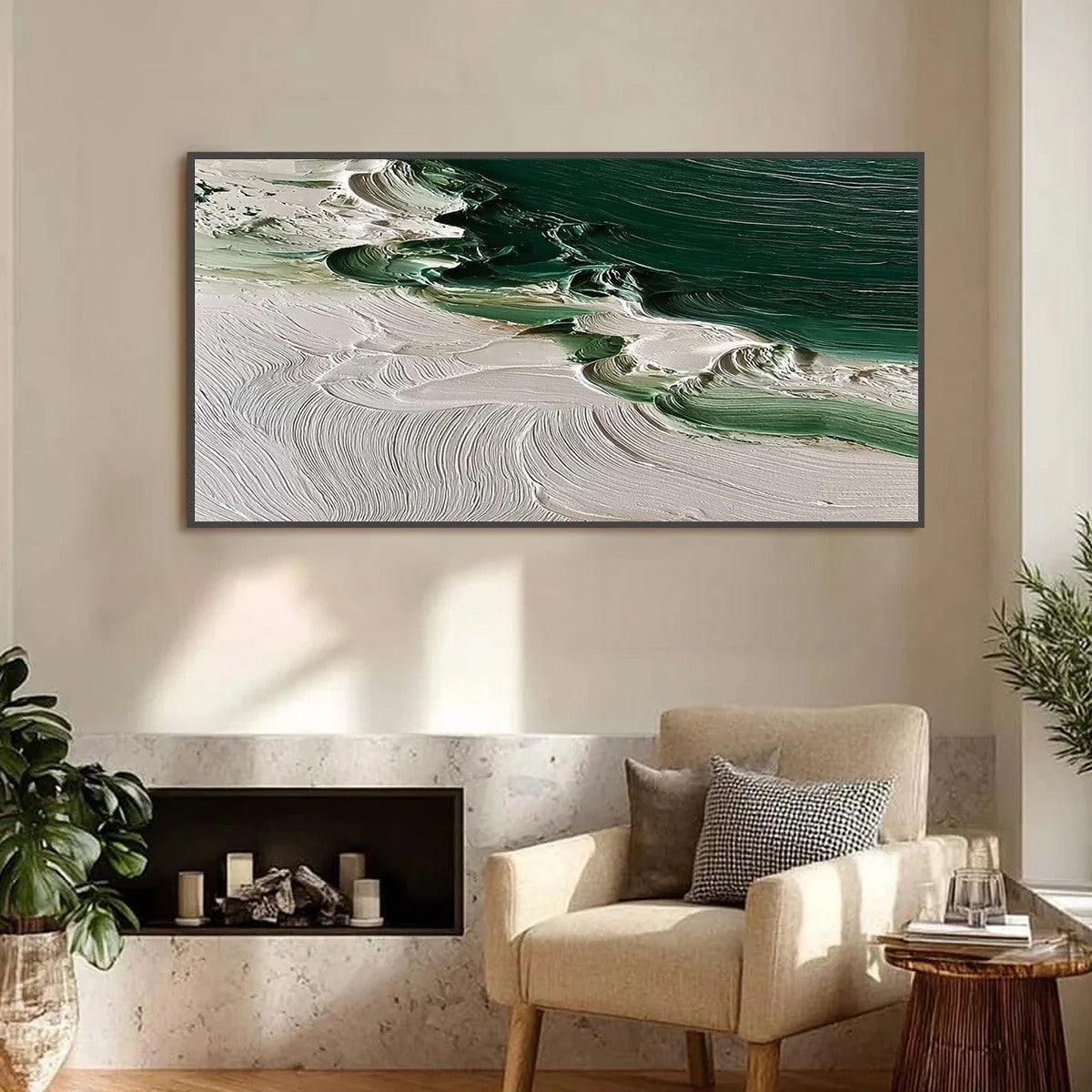EMERALD TIDE: Textured Green and White Wabi Sabi Abstract Painting | gold frame stretched on neutral wall