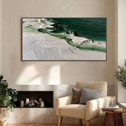 EMERALD TIDE: Textured Green and White Wabi Sabi Abstract Painting | gold frame stretched on neutral wall