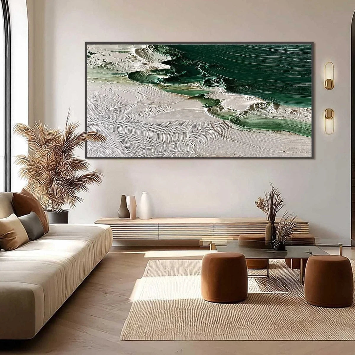 EMERALD TIDE: Textured Green and White Wabi Sabi Abstract Painting | black frame version on white wall
