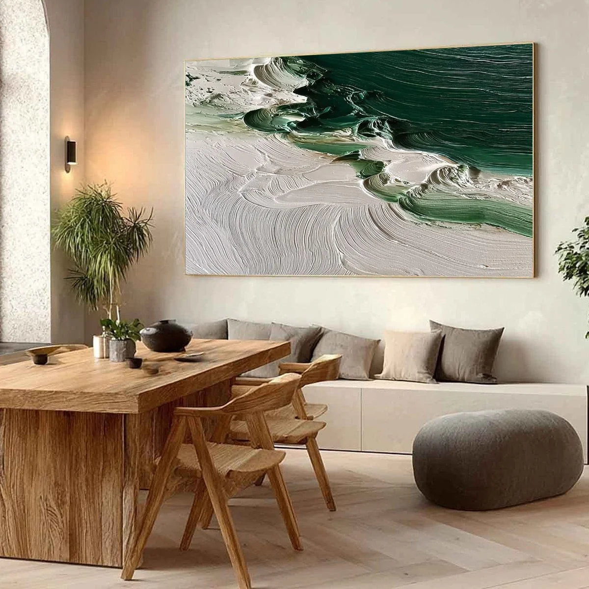 EMERALD TIDE: Textured Green and White Wabi Sabi Abstract Painting | Abstract mood, soft natural light studio shot