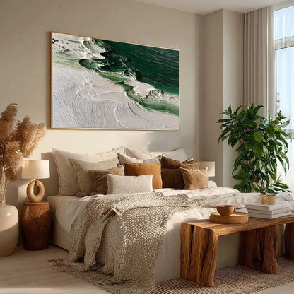EMERALD TIDE: Textured Green and White Wabi Sabi Abstract Painting | green palette, original Hand-painted on premium stretched canvas using artist-grade oils; rich layered surface combines smooth g...