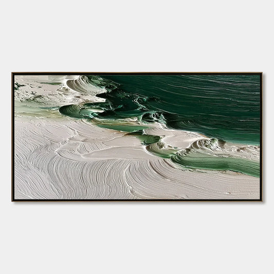 EMERALD TIDE: Textured Green and White Wabi Sabi Abstract Painting | hanging in EMERALD TIDE: Textured Green and White Wabi Sabi Abstract Painting featuring layered textured brushwork in refined to...