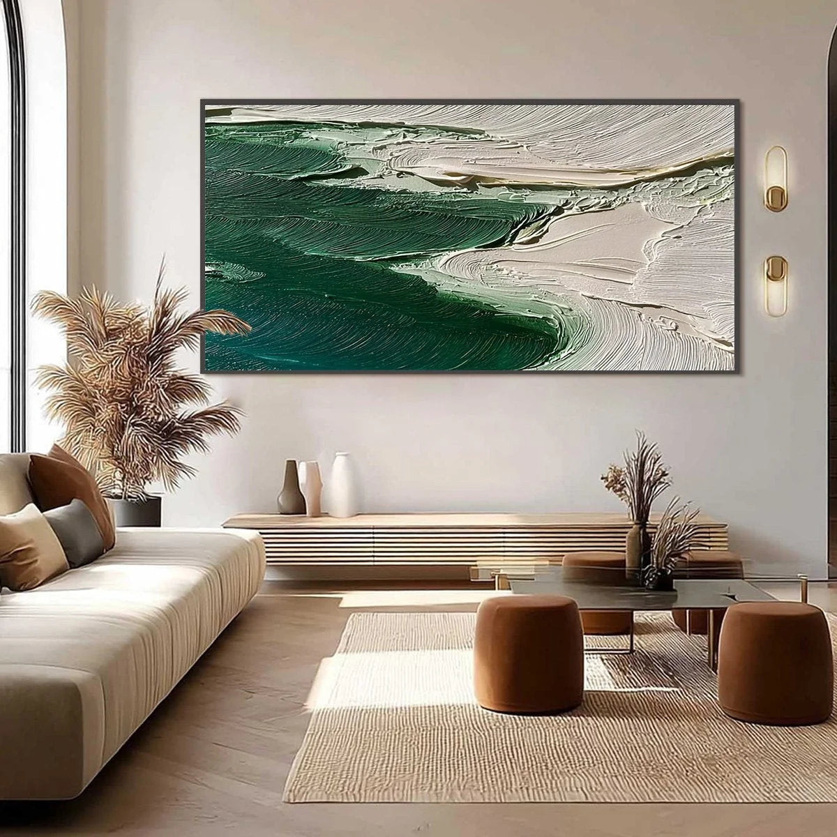 EMERALD TIDE: Textured Wabi Sabi Abstract Coastal Painting | Abstract closeup, raised brushwork detail