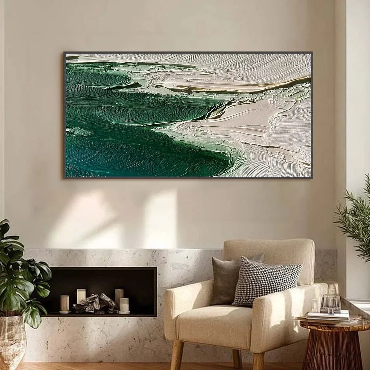 EMERALD TIDE: Textured Wabi Sabi Abstract Coastal Painting | gold frame stretched on neutral wall