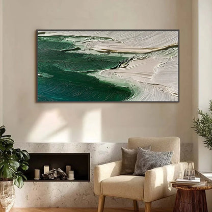 EMERALD TIDE: Textured Wabi Sabi Abstract Coastal Painting | gold frame stretched on neutral wall