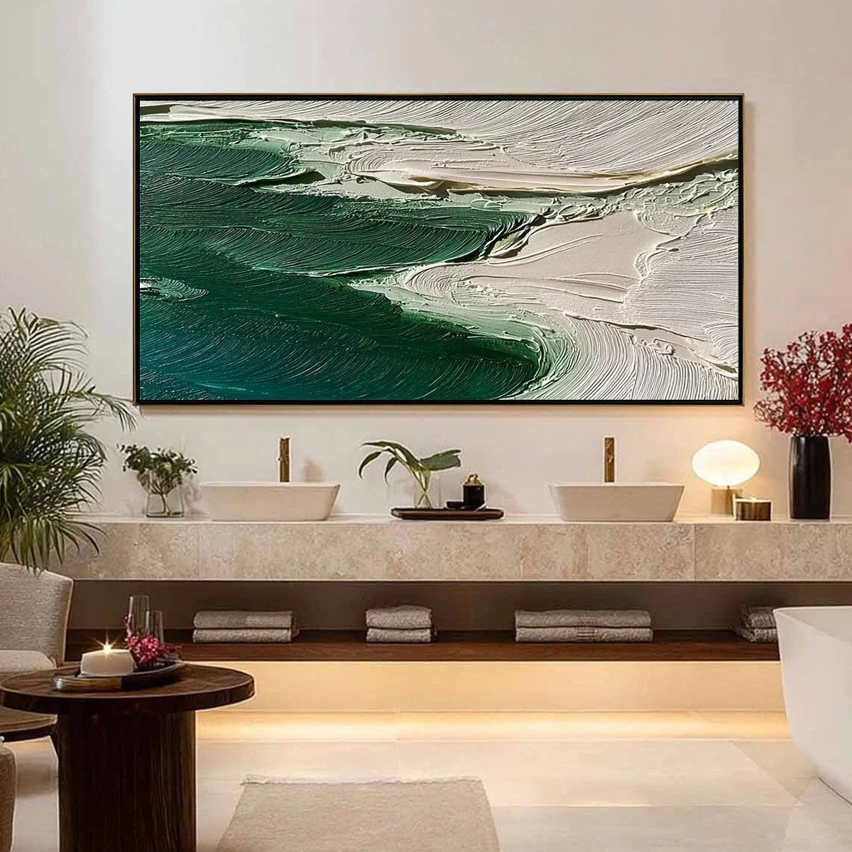 EMERALD TIDE: Textured Wabi Sabi Abstract Coastal Painting | black frame version on white wall