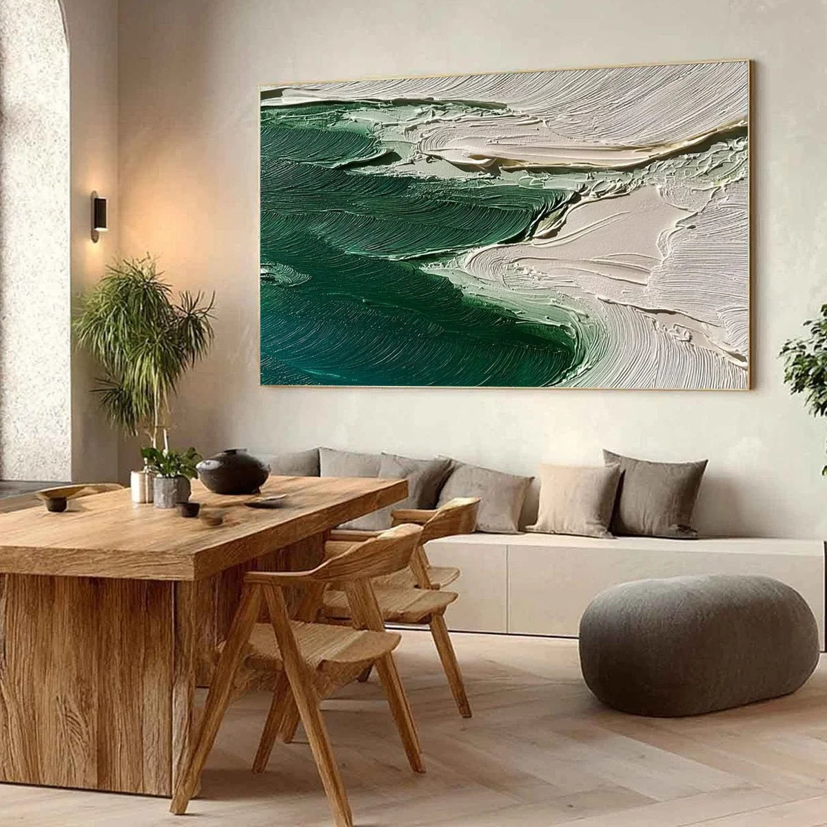 EMERALD TIDE: Textured Wabi Sabi Abstract Coastal Painting | Abstract mood, soft natural light studio shot