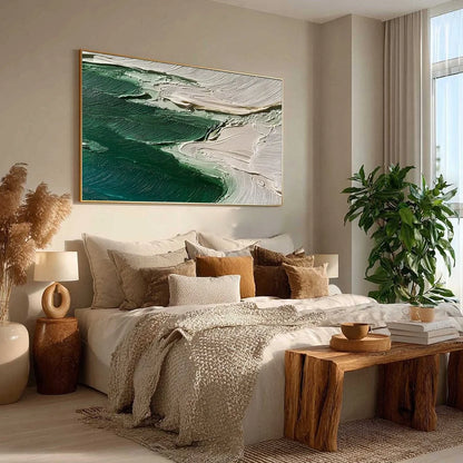 EMERALD TIDE: Textured Wabi Sabi Abstract Coastal Painting | green palette, original Hand-painted on premium stretched canvas using artist-grade oils; rich layered surface combines smooth gradients...