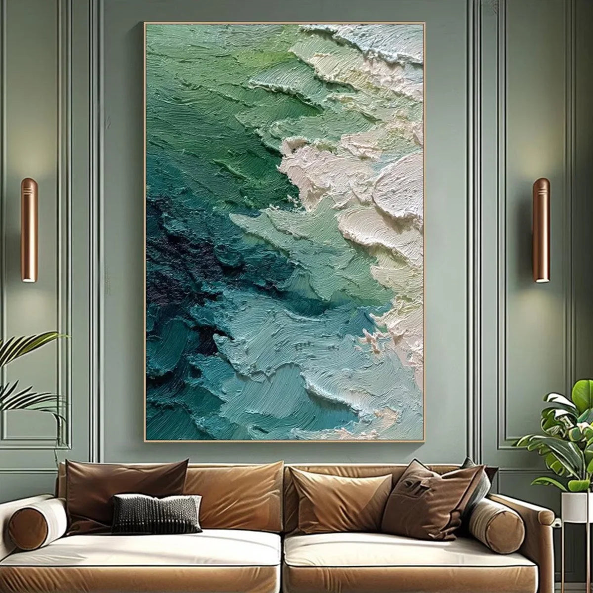 EMERALD TIDE: Textured Wabi Sabi Abstract Painting | Abstract closeup, raised brushwork detail