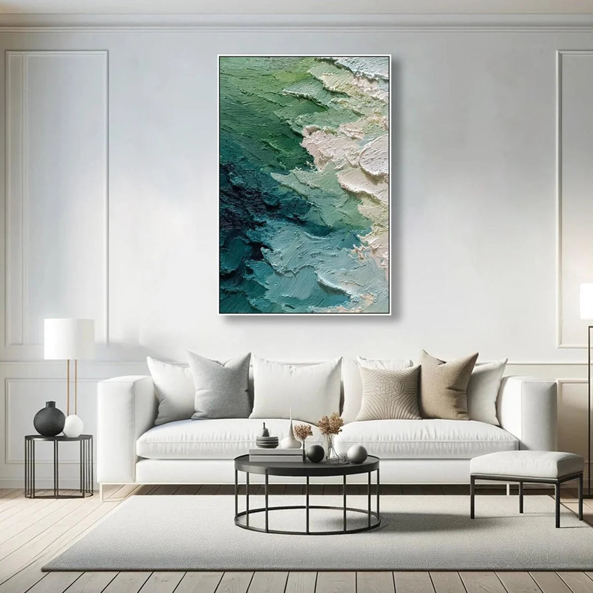 EMERALD TIDE: Textured Wabi Sabi Abstract Painting | gold frame stretched on neutral wall