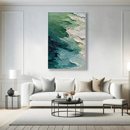 EMERALD TIDE: Textured Wabi Sabi Abstract Painting | gold frame stretched on neutral wall