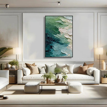 EMERALD TIDE: Textured Wabi Sabi Abstract Painting | black frame version on white wall