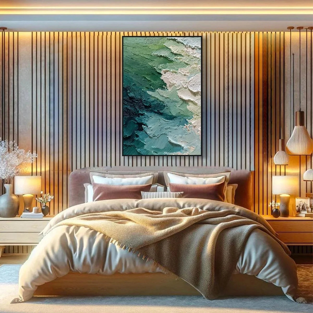 EMERALD TIDE: Textured Wabi Sabi Abstract Painting | Abstract mood, soft natural light studio shot