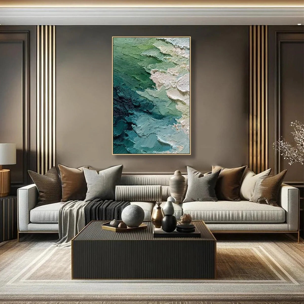 EMERALD TIDE: Textured Wabi Sabi Abstract Painting | green palette, original Hand-painted on premium stretched canvas using artist-grade oils; rich layered surface combines smooth gradients with ta...