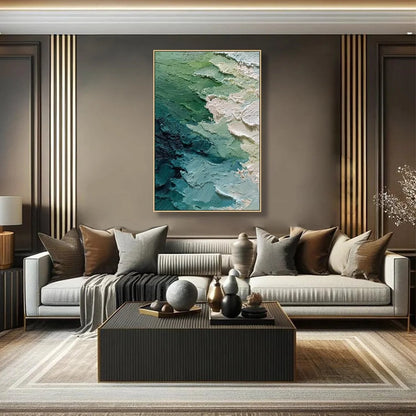 EMERALD TIDE: Textured Wabi Sabi Abstract Painting | green palette, original Hand-painted on premium stretched canvas using artist-grade oils; rich layered surface combines smooth gradients with ta...