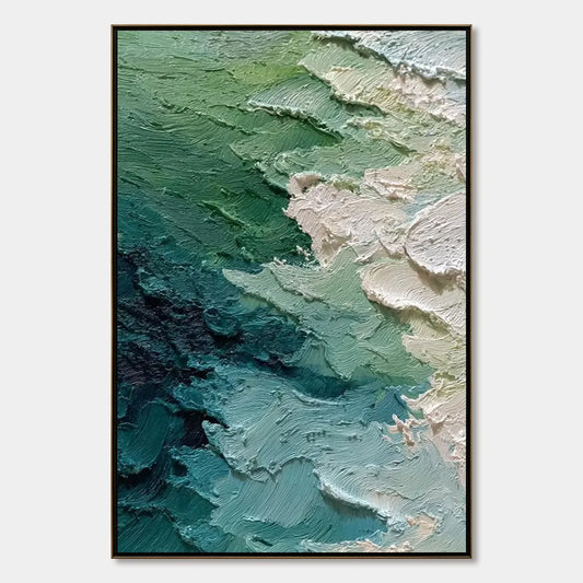 EMERALD TIDE: Textured Wabi Sabi Abstract Painting | hanging in EMERALD TIDE: Textured Wabi Sabi Abstract Painting featuring layered textured brushwork in refined tones; abstract composition with r...