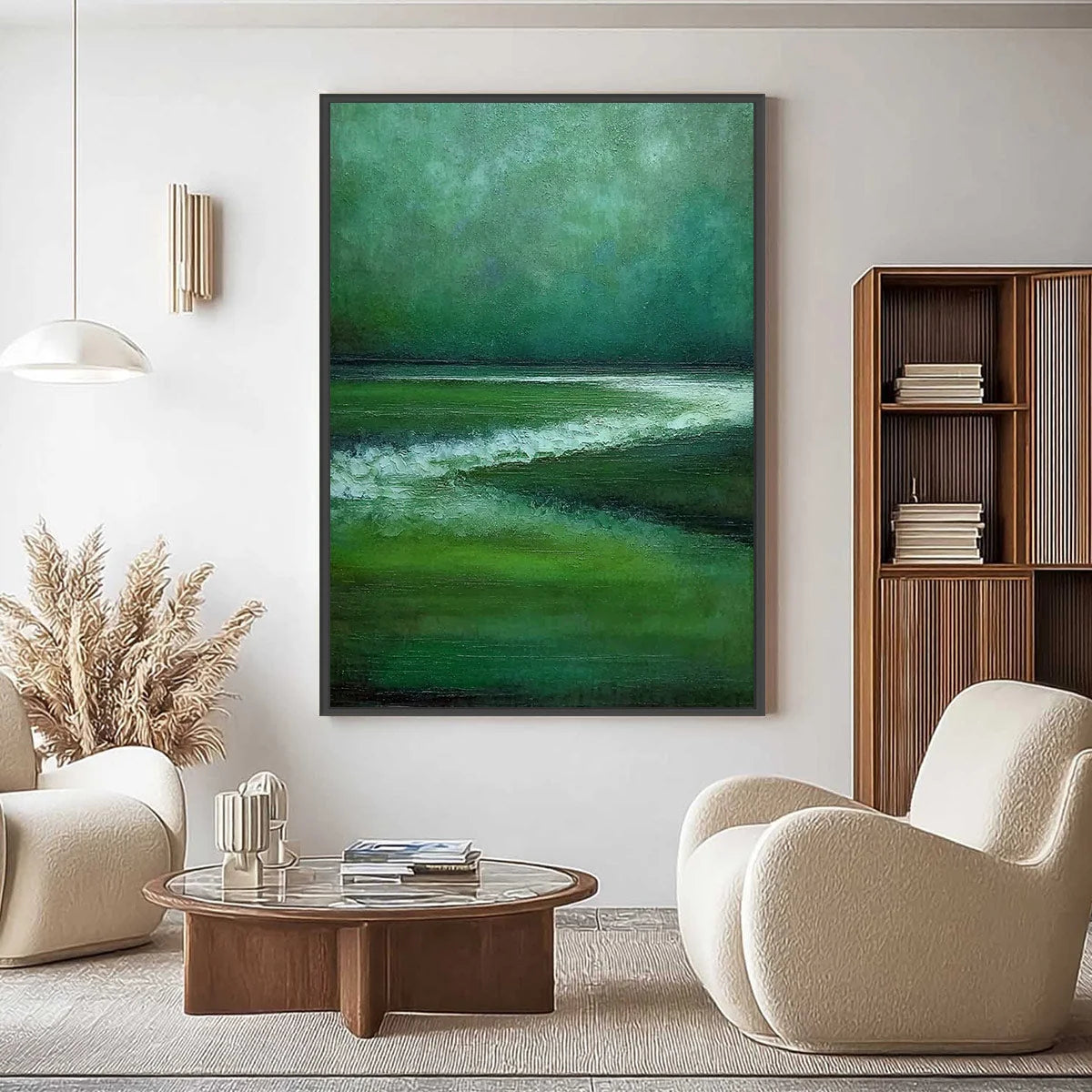 EMERALD TIDE: Textured Wabi Sabi Abstract Seascape Painting | Abstract closeup, raised brushwork detail