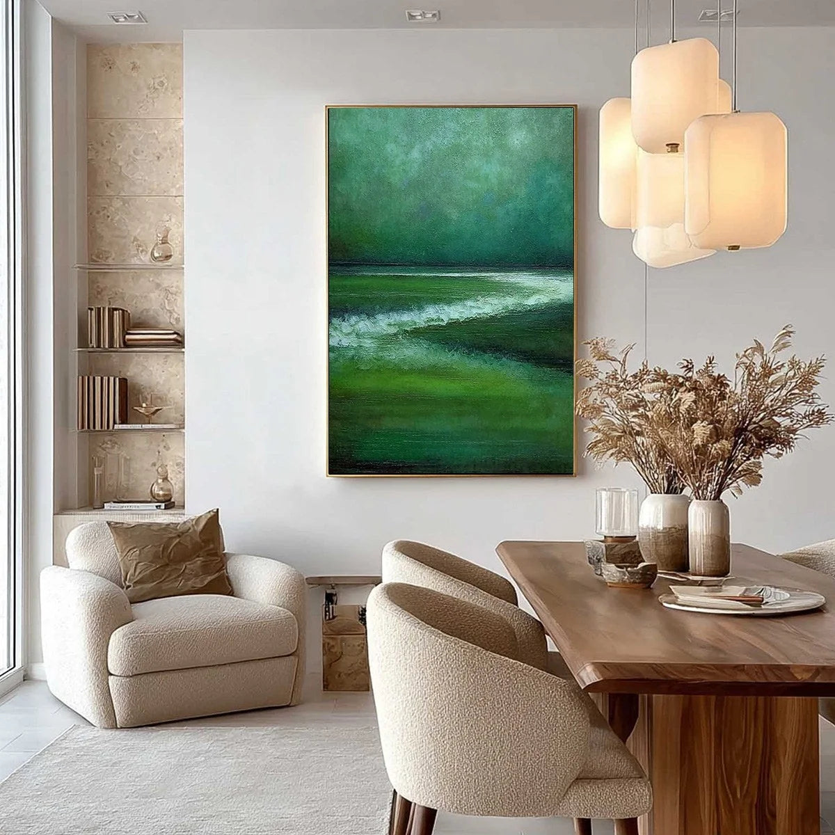 EMERALD TIDE: Textured Wabi Sabi Abstract Seascape Painting | gold frame stretched on neutral wall