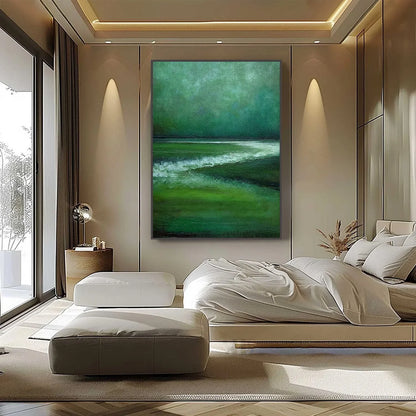 EMERALD TIDE: Textured Wabi Sabi Abstract Seascape Painting | black frame version on white wall