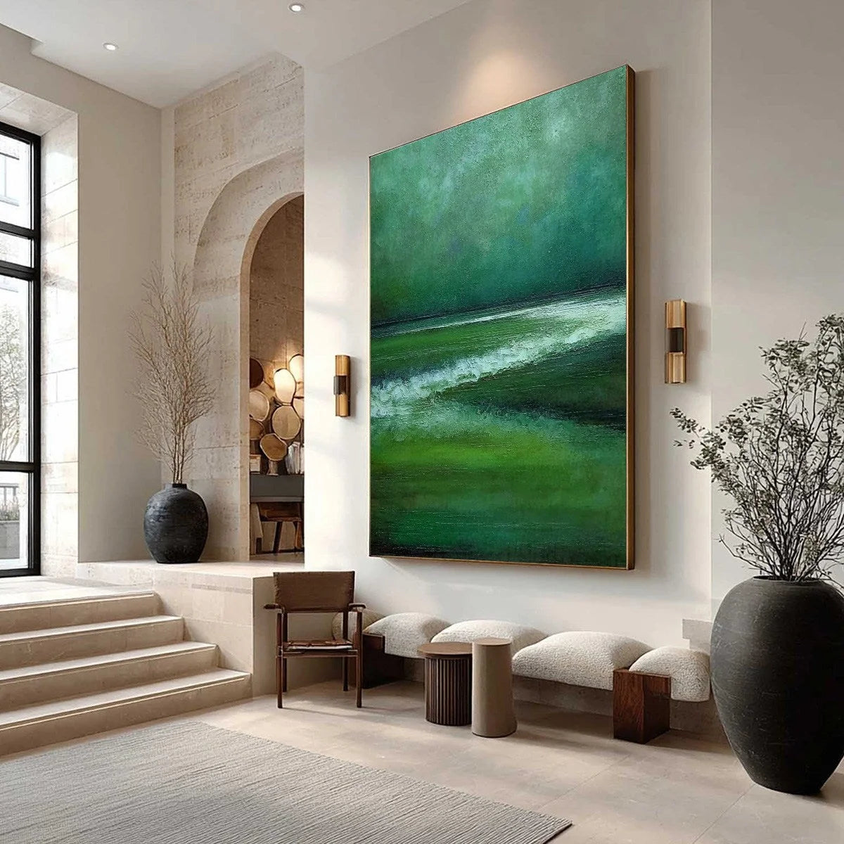 EMERALD TIDE: Textured Wabi Sabi Abstract Seascape Painting | Abstract mood, soft natural light studio shot