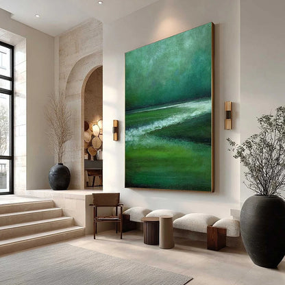 EMERALD TIDE: Textured Wabi Sabi Abstract Seascape Painting | Abstract mood, soft natural light studio shot