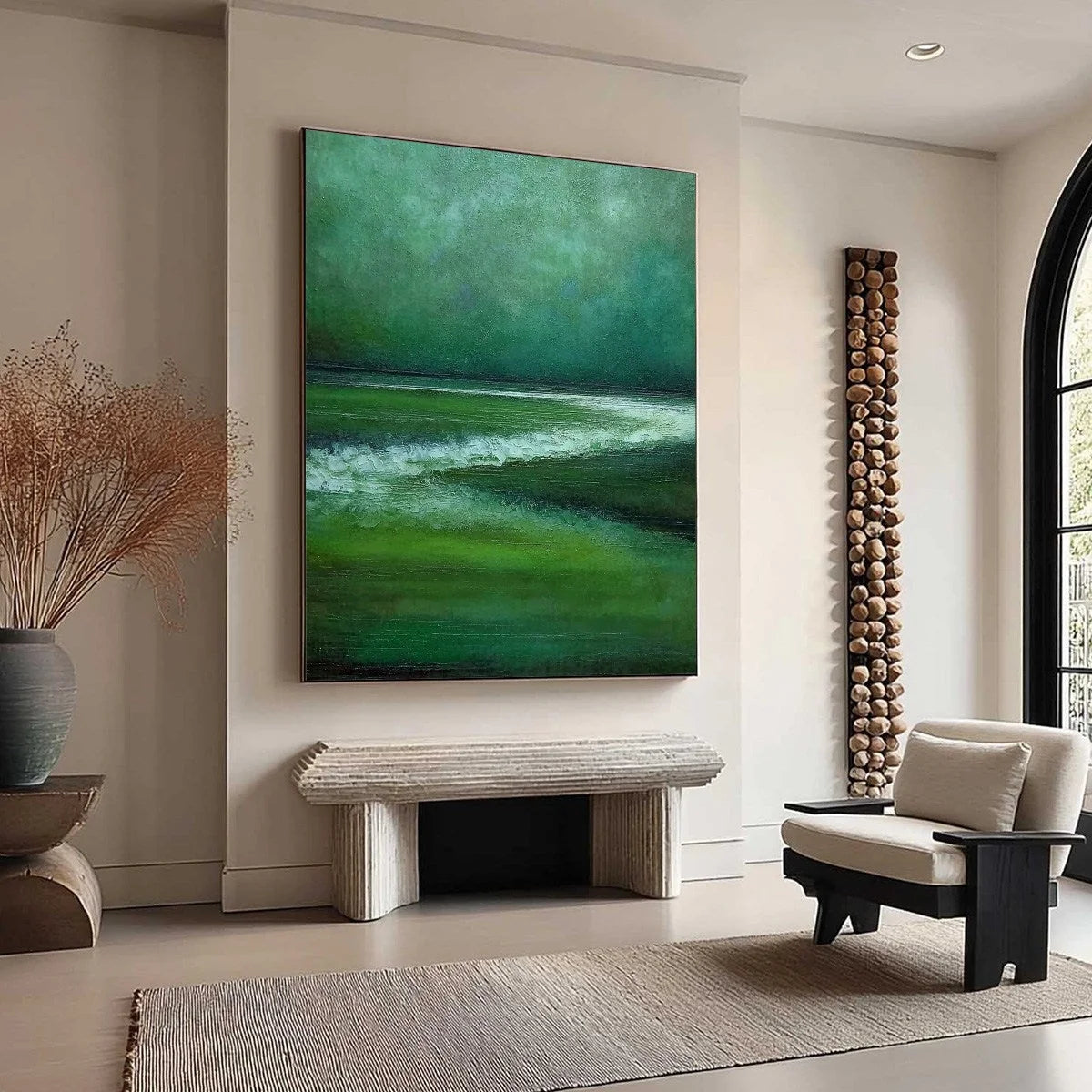 EMERALD TIDE: Textured Wabi Sabi Abstract Seascape Painting | green palette, original Hand-painted on premium stretched canvas using artist-grade oils; rich layered surface combines smooth gradient...
