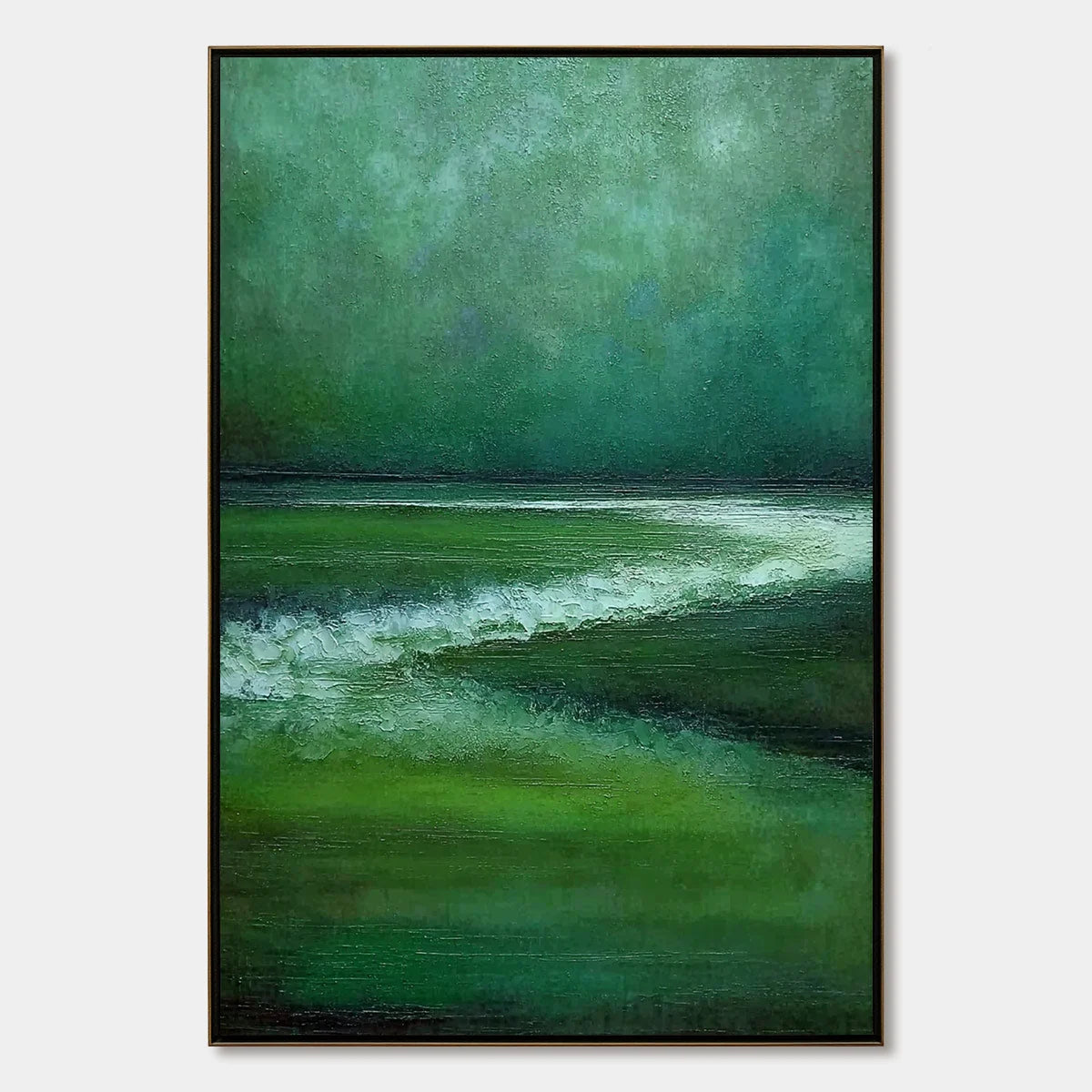 EMERALD TIDE: Textured Wabi Sabi Abstract Seascape Painting | hanging in EMERALD TIDE: Textured Wabi Sabi Abstract Seascape Painting featuring layered textured brushwork in refined tones; abstract ...
