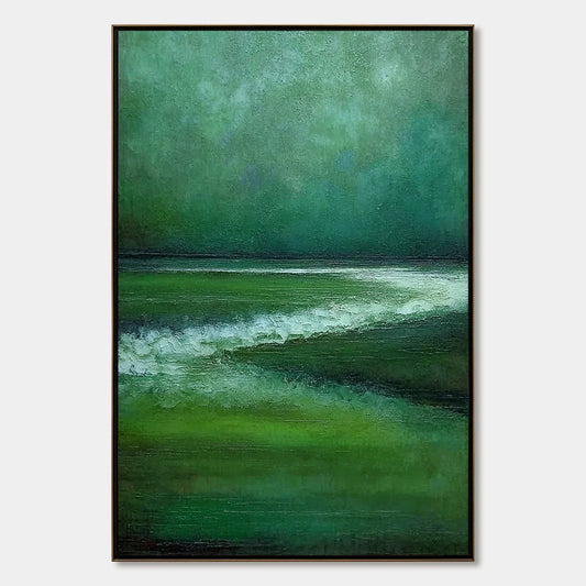 EMERALD TIDE: Textured Wabi Sabi Abstract Seascape Painting | hanging in EMERALD TIDE: Textured Wabi Sabi Abstract Seascape Painting featuring layered textured brushwork in refined tones; abstract ...
