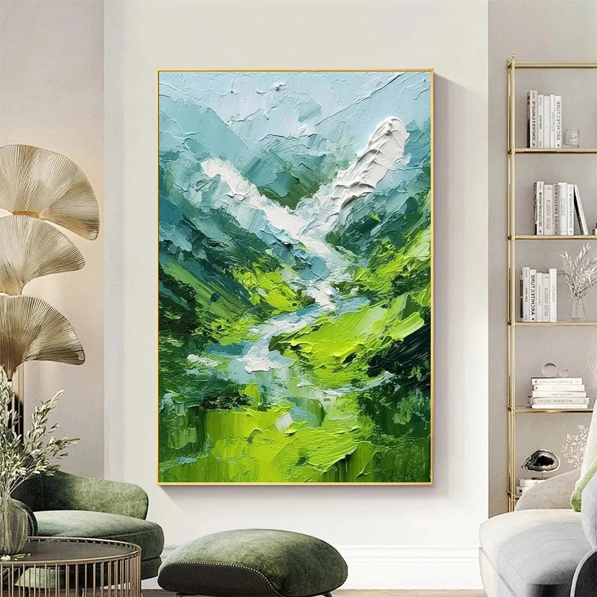 EMERALD VALLEY: Textured Green Abstract Mountain Landscape Painting | Abstract closeup, raised brushwork detail