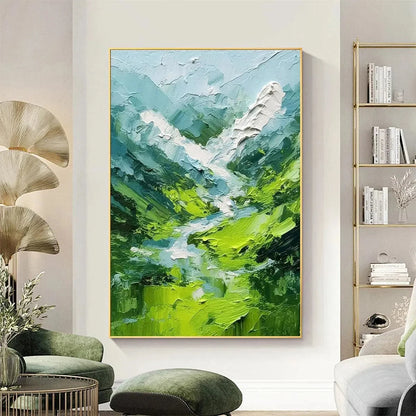 EMERALD VALLEY: Textured Green Abstract Mountain Landscape Painting | Abstract closeup, raised brushwork detail