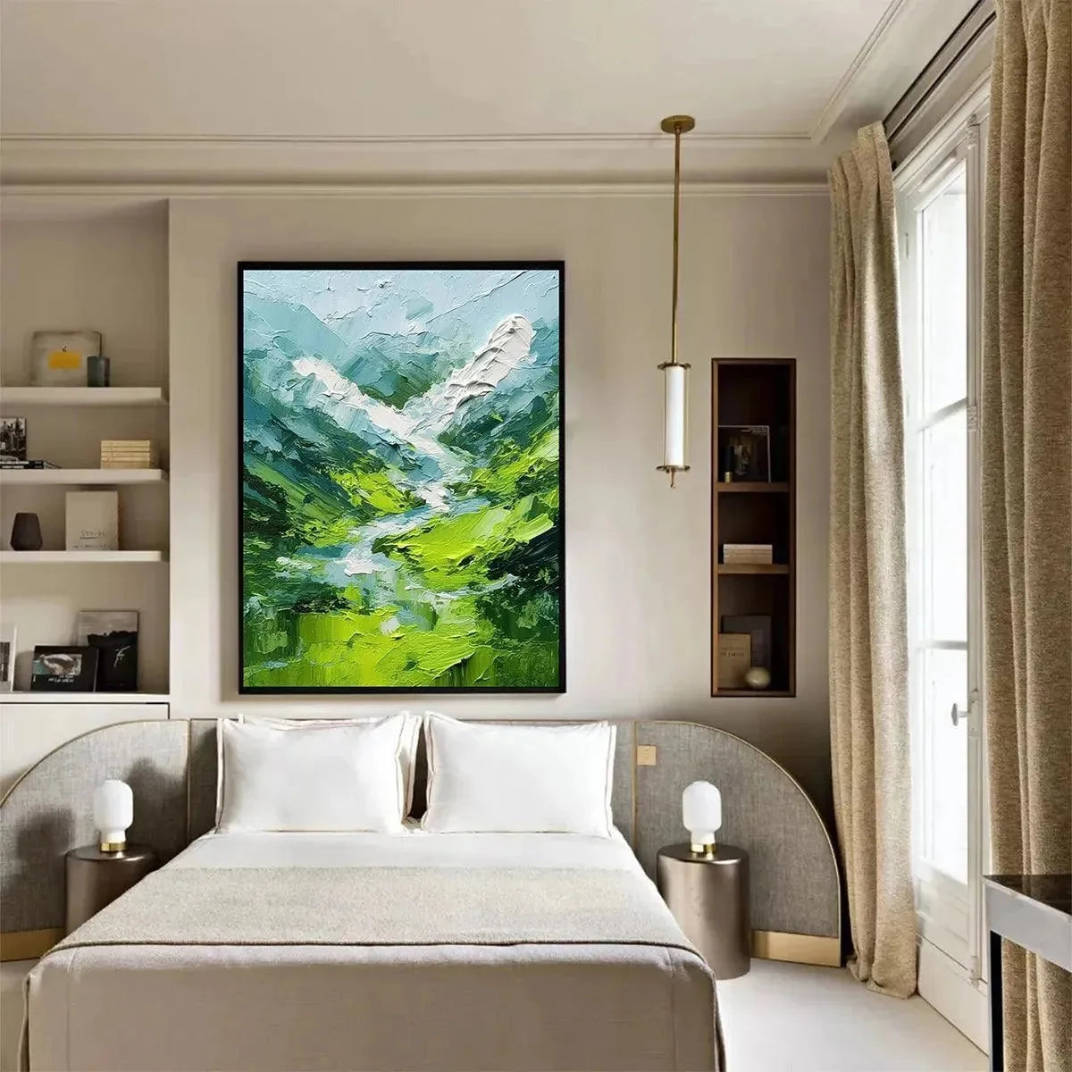 EMERALD VALLEY: Textured Green Abstract Mountain Landscape Painting | gold frame stretched on neutral wall