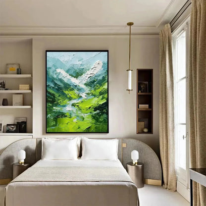 EMERALD VALLEY: Textured Green Abstract Mountain Landscape Painting | gold frame stretched on neutral wall