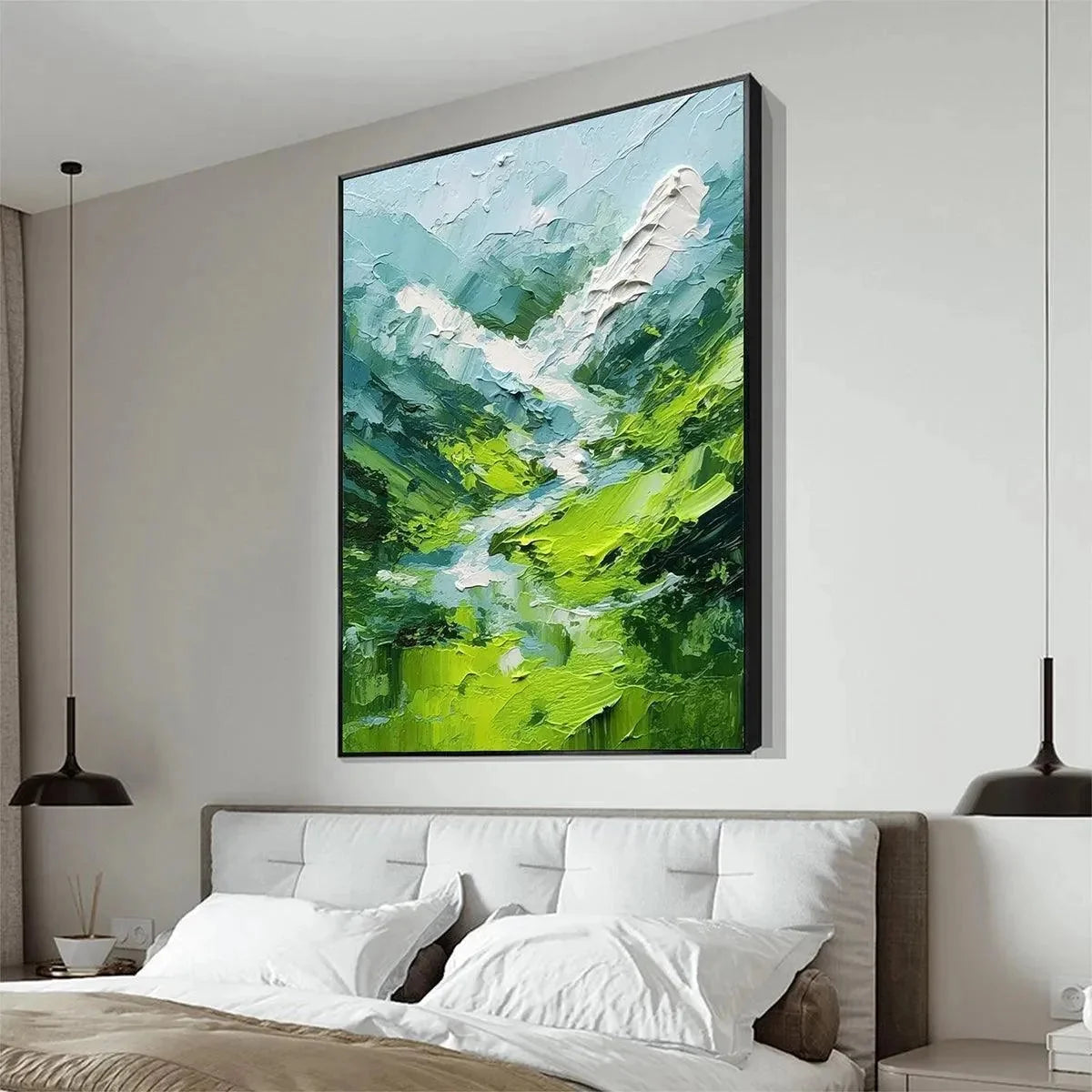 EMERALD VALLEY: Textured Green Abstract Mountain Landscape Painting | rolled canvas, ready for custom framing