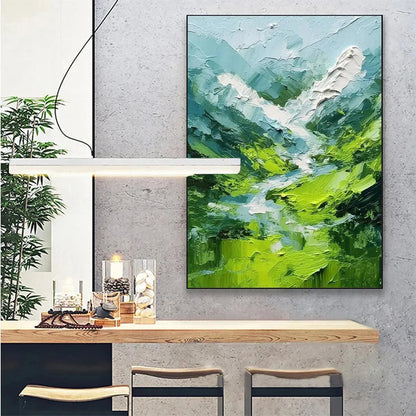 EMERALD VALLEY: Textured Green Abstract Mountain Landscape Painting | black frame version on white wall