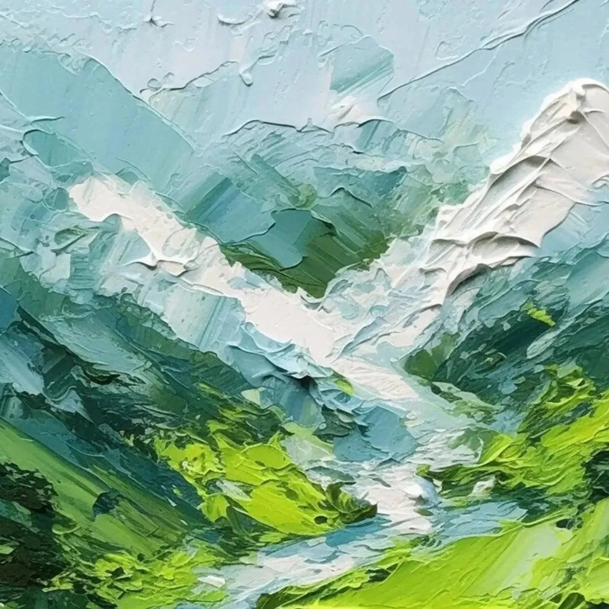 EMERALD VALLEY: Textured Green Abstract Mountain Landscape Painting | Abstract mood, soft natural light studio shot