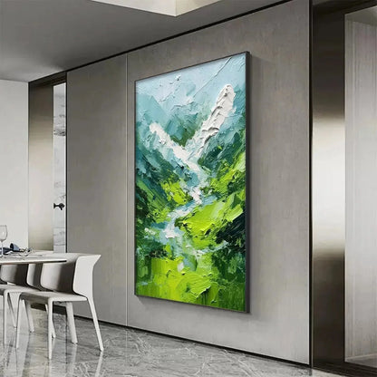 EMERALD VALLEY: Textured Green Abstract Mountain Landscape Painting | green palette, original Hand-painted on premium stretched canvas using artist-grade oils; rich layered surface combines smooth ...